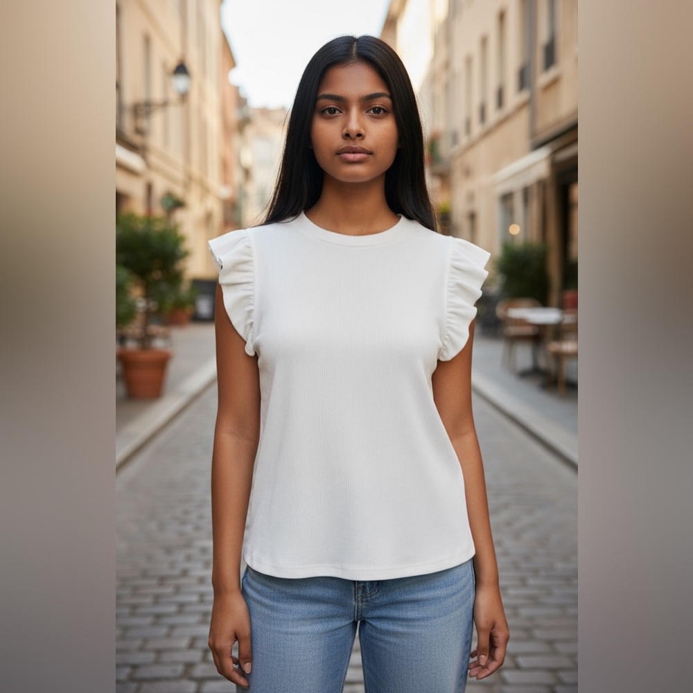 Francesca’s Blue Rain White Flutter Sleeve Blouse
